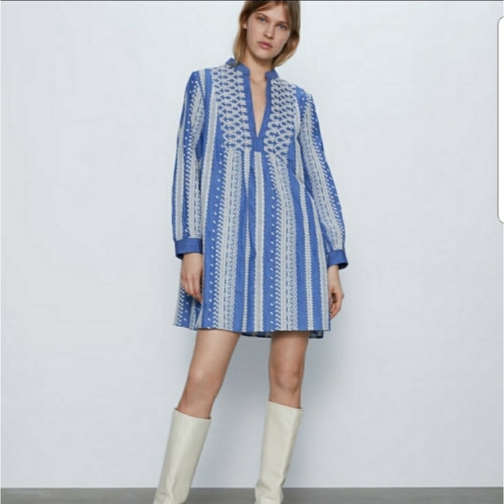 Zara Blue and White Patterned Long-Sleeve Mini Dress